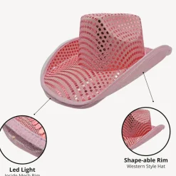 4E's Novelty Light Up Pink Cowgirl Hat - Cowgirl Hat with Sequins, Disco Cowgirl Hat for Women & Teens