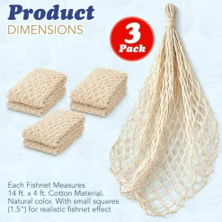 4E's Novelty 3 Pack Fish Net Decorations - Natural Cotton 14ft x 4ft Beach Themed Party Decor