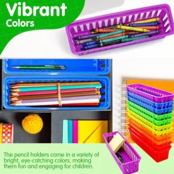 4E's Novelty 12 Pack Pencil Holder for Kids Desk, Colorful Plastic Pen Baskets Tray for Organizing Classroom Supplies, Plastic Caddy for Desk and Elementary Teacher Supplies for Classroom