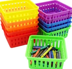 4E's Novelty 12 Pack Small Classroom Storage Baskets, Square 4.5" Sturdy Plastic Colorful Crayon & Pencil Container, Organizer Bins for Desk for Classrooms Supplies, Office, Toy Storage