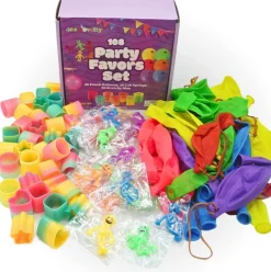 4E's Novelty 108 Pcs Prizes, 36 Of Each, Punch Balloons, Mini Coil Spring, Stretchy Bendable Man, Birthday Party Favor Sets for Kids, Sensory Fidget Treasure Chest Prize Box Toys for Classroom