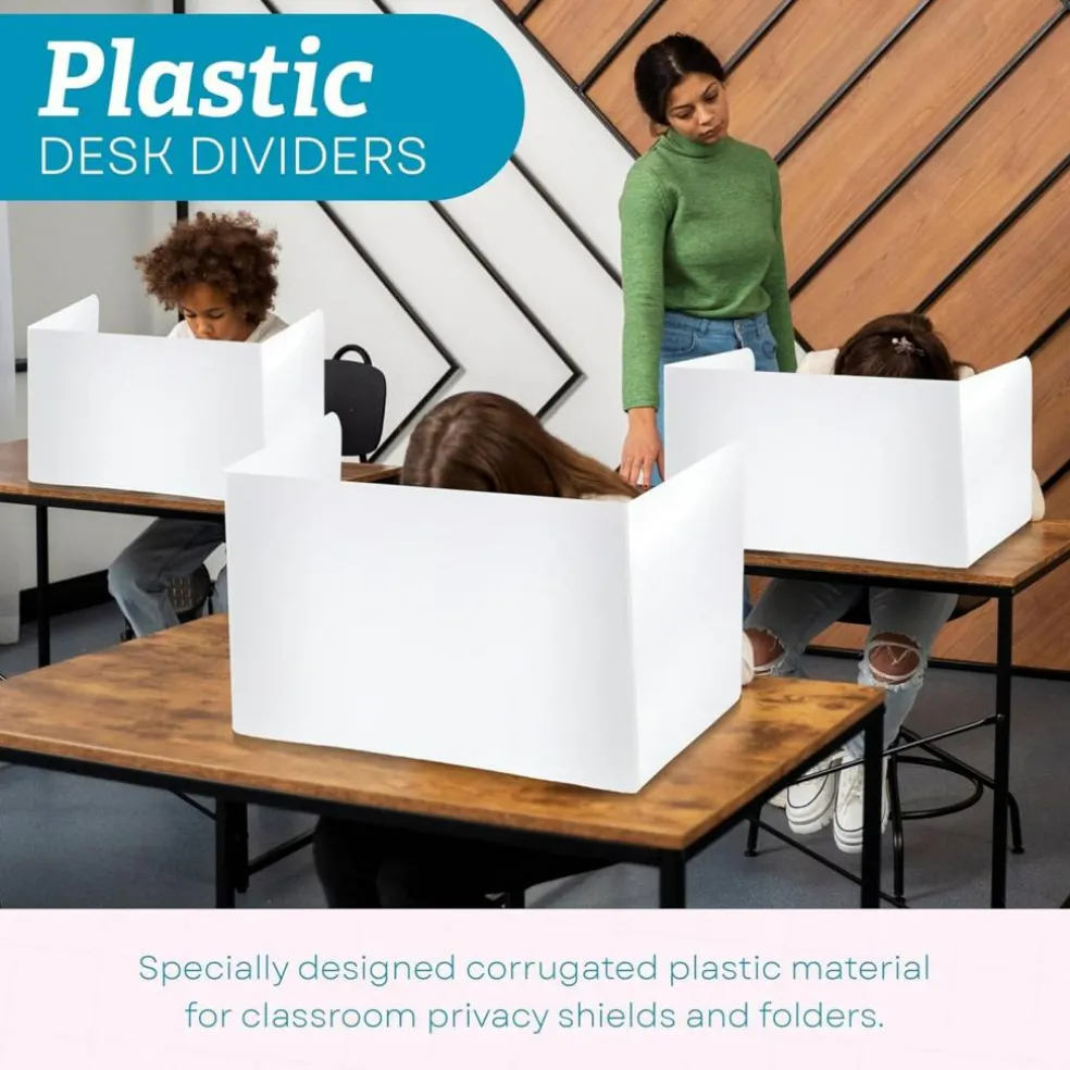 4E's Novelty Plastic Desk Dividers for Students 20 Pack, Bulk White Desk Privacy Panel - Plastic Classroom Dividers, Testing Dividers for Classrooms, Easy-to-Clean Durable, with Labels