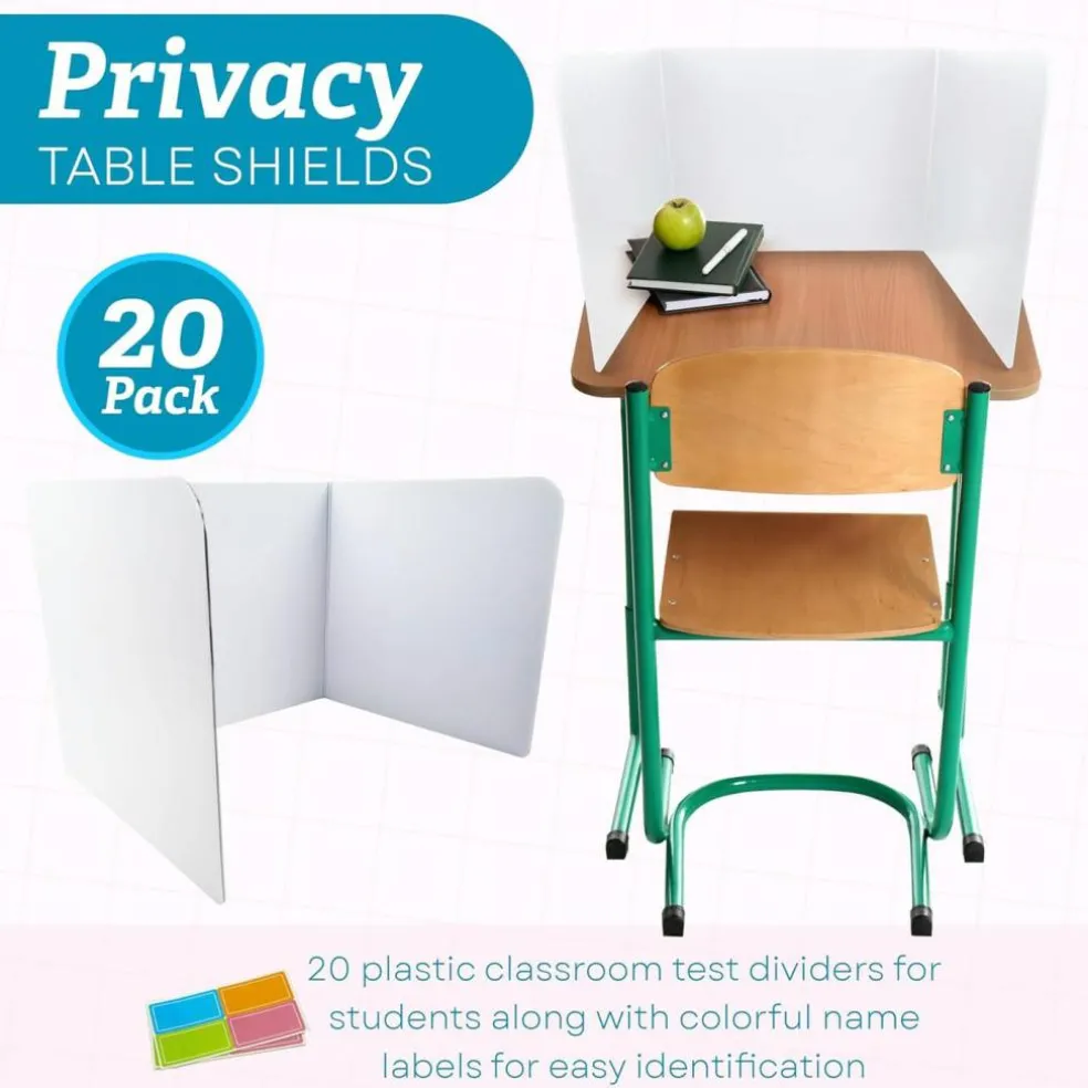 4E's Novelty Plastic Desk Dividers for Students 20 Pack, Bulk White Desk Privacy Panel - Plastic Classroom Dividers, Testing Dividers for Classrooms, Easy-to-Clean Durable, with Labels