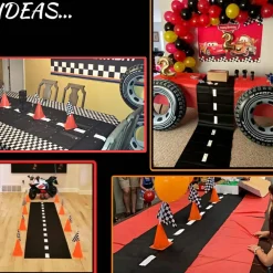 4E's Novelty Race Car Birthday Party Supplies - 38 Pc Set with Race Track Runner, 12 Traffic Cones, 24 Race Flags, Tape