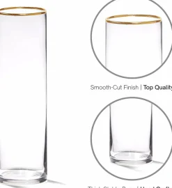 4E's Novelty Set of 3 Glass Cylinder Vases for Centerpieces, 6, 9, 10.5 Inch Tall, 3.5" Wide with Gold Rim, Clear Glass Vase for Candles