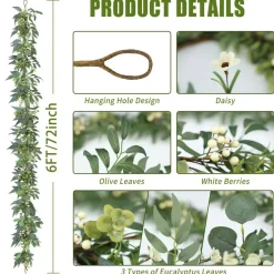 Eucalyptus Garland with Lights - 6 Ft Greenery Garland - Artificial Silver Dollar Olive Garlands, Spring/Summer Green Garlands for Indoor Outdoor Home Decor Wedding Arches Backdrops Table Decor