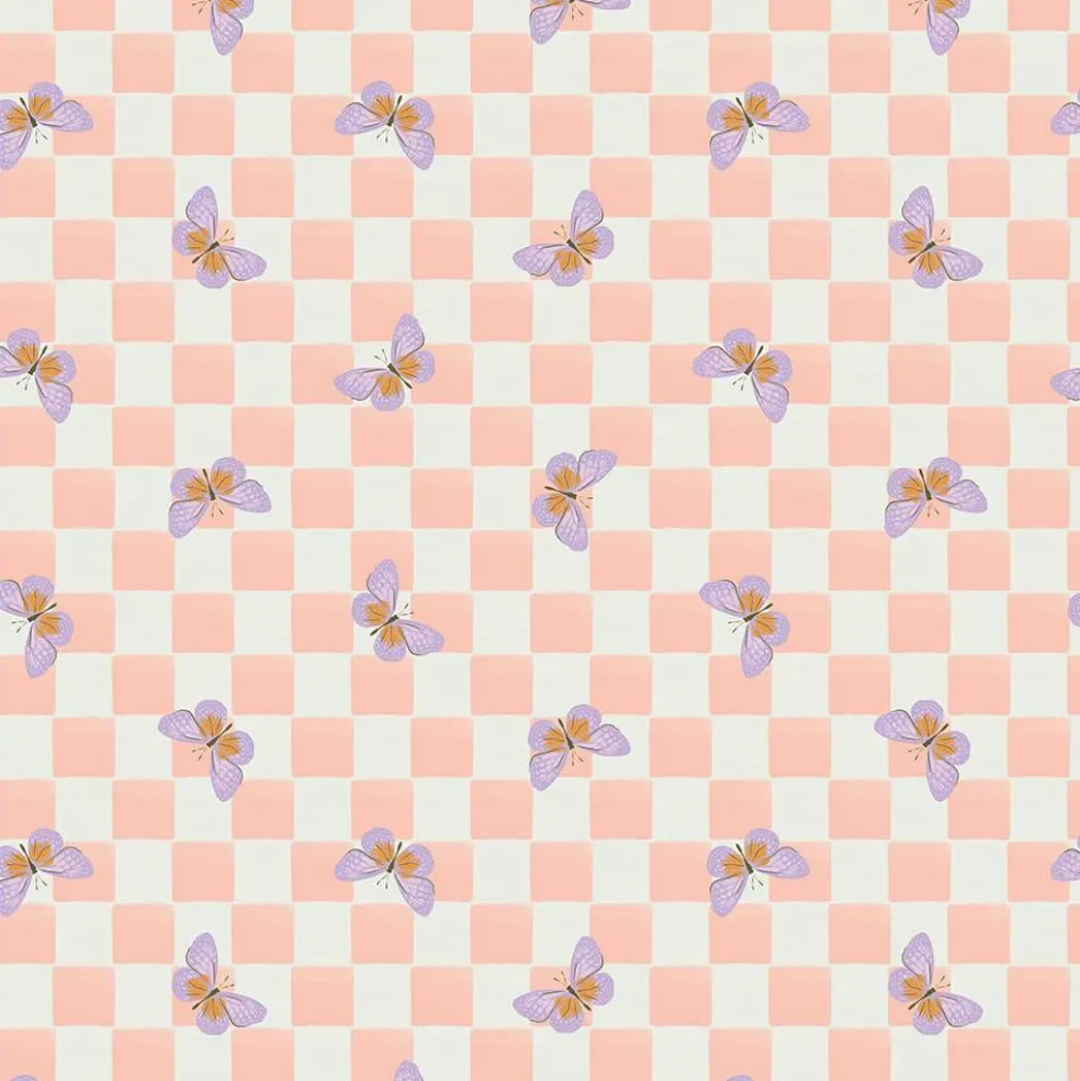 Eugene Textiles Pink Checkerboard Butterflies Cotton Quilting Fabric