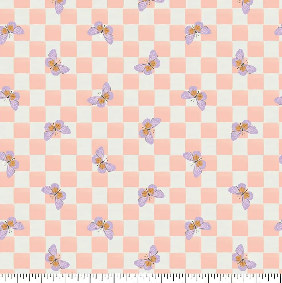 Eugene Textiles Pink Checkerboard Butterflies Cotton Quilting Fabric
