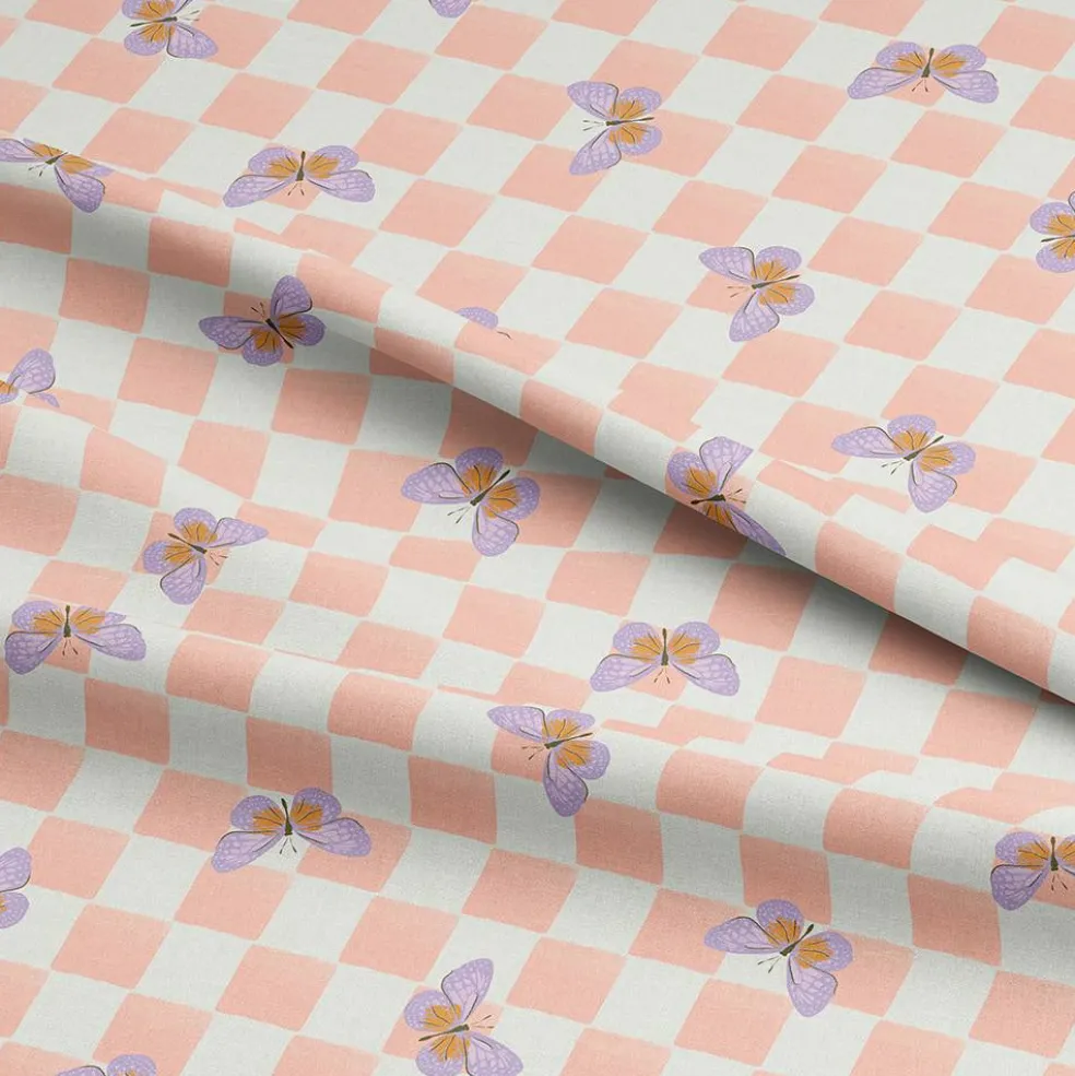 Eugene Textiles Pink Checkerboard Butterflies Cotton Quilting Fabric