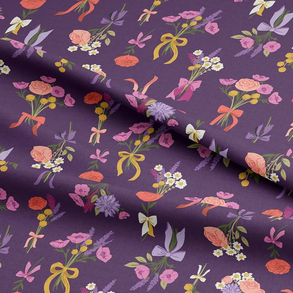 Eugene Textiles Purple Flowers & Bows Cotton Quilting Fabric