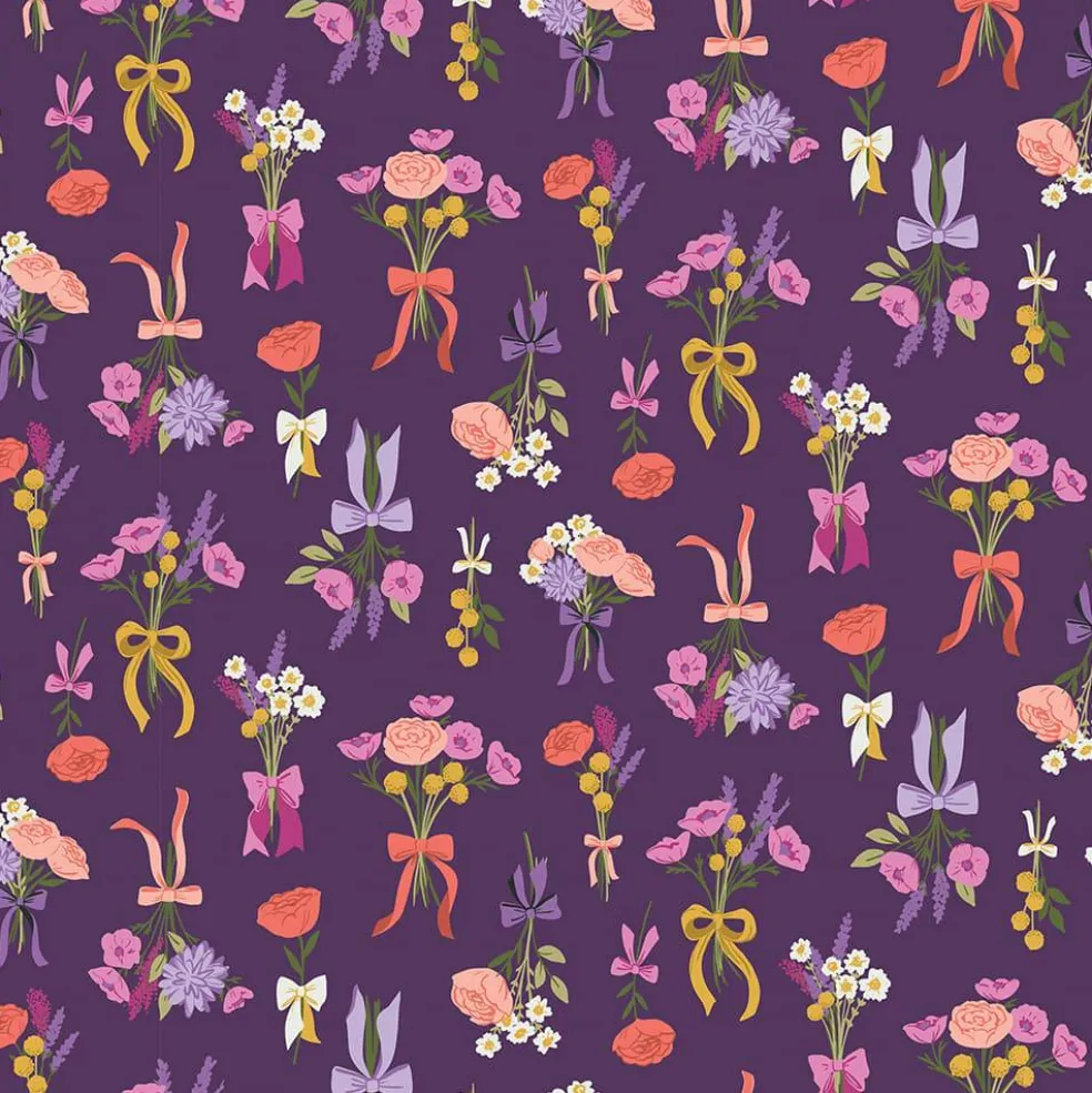 Eugene Textiles Purple Flowers & Bows Cotton Quilting Fabric