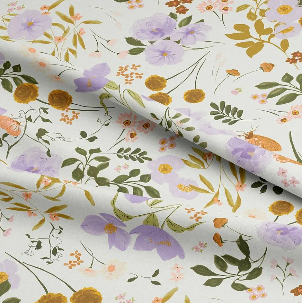 Eugene Textiles Purple & Gold Floral on White Cotton Quilting Fabric