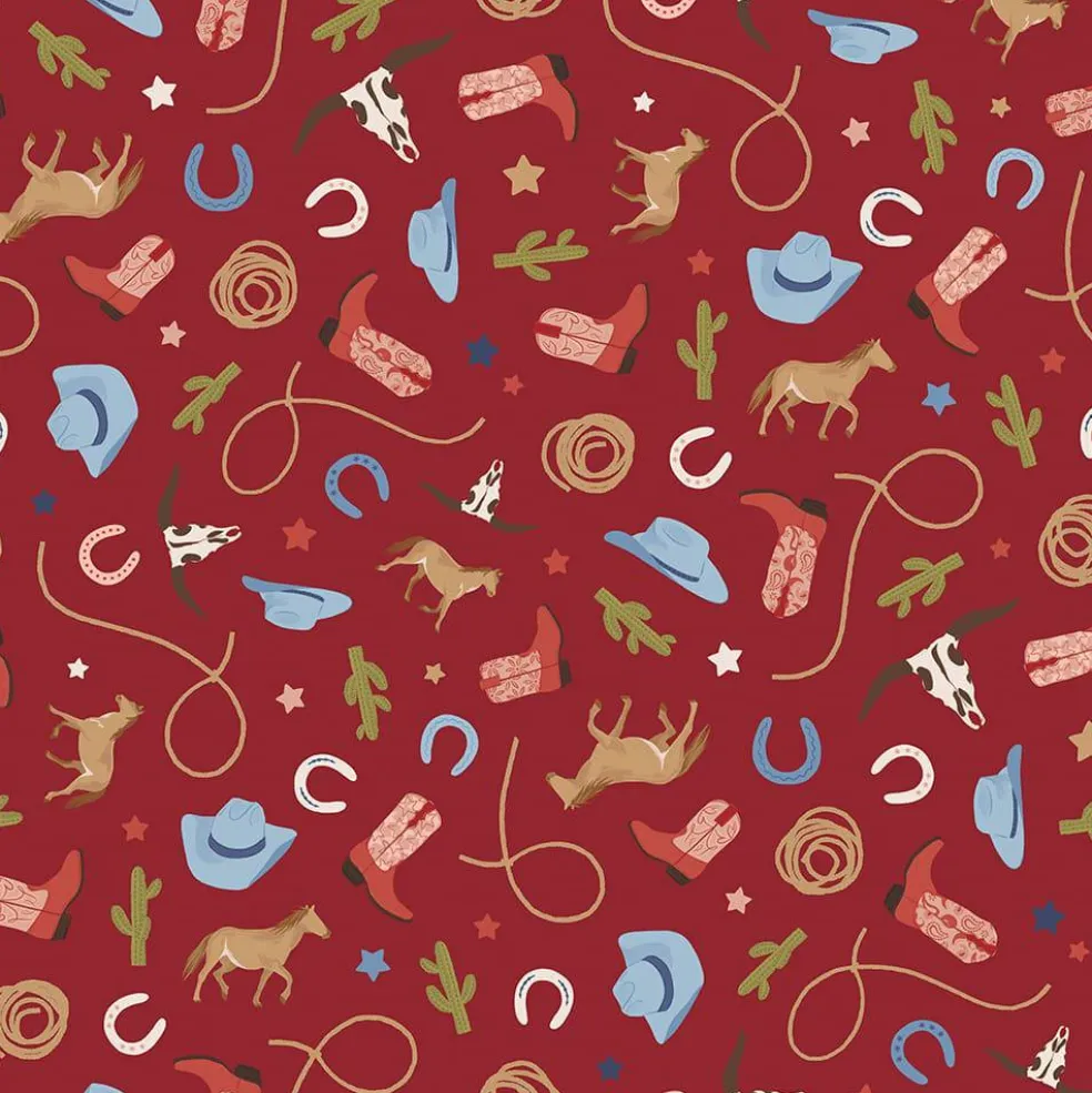 Eugene Textiles Red Cowboy Toss Cotton Quilting Fabric