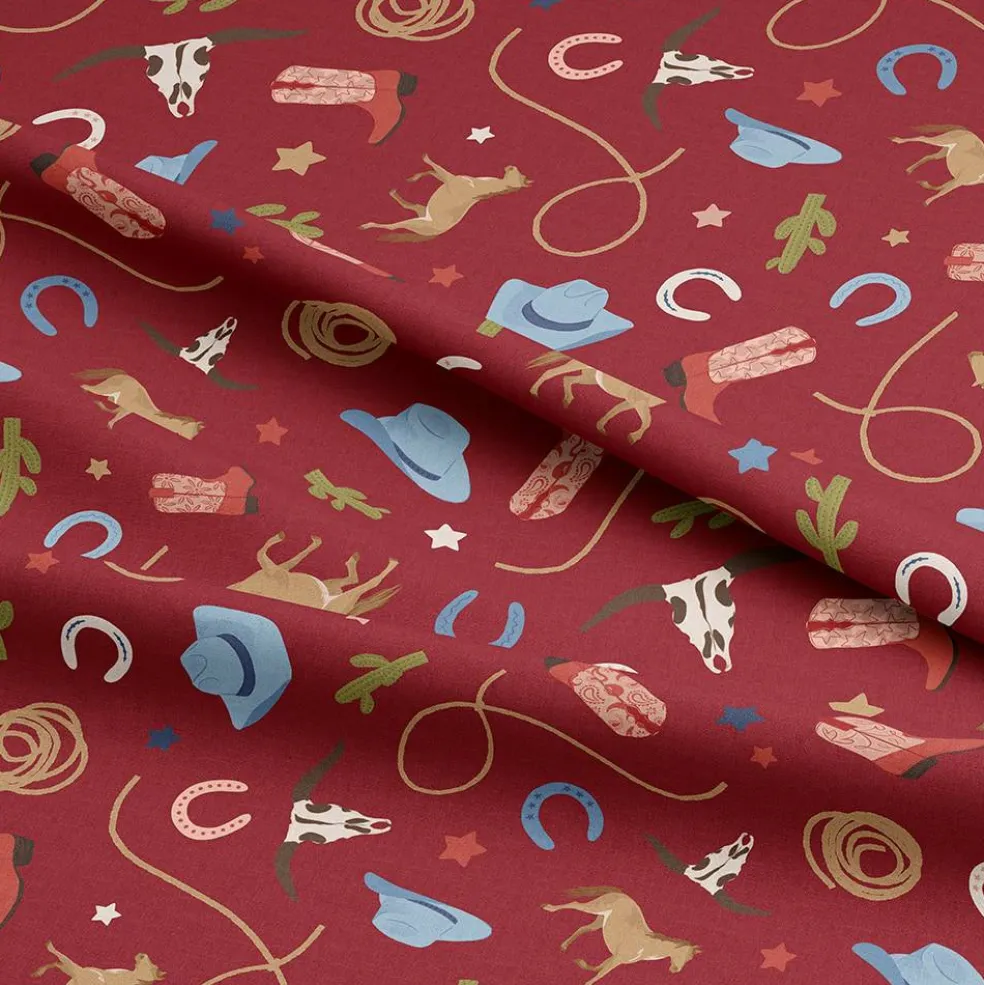Eugene Textiles Red Cowboy Toss Cotton Quilting Fabric