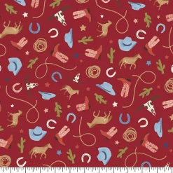 Eugene Textiles Red Cowboy Toss Cotton Quilting Fabric