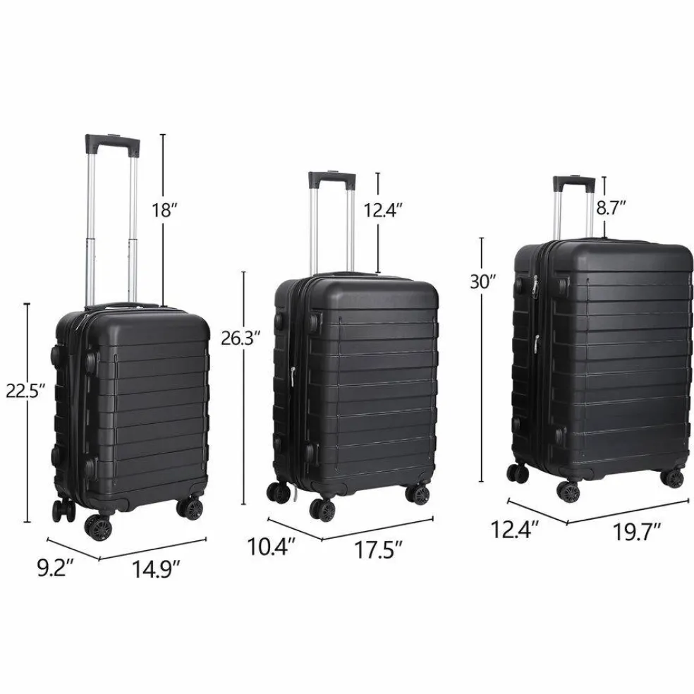 Expandable Luggage Set 3 Piece Black Hardshell Suitcase