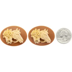 Exquisite Cream on Carnelian Horsehead Cameos – Noble Elegance with Floral Bow Accent, Set of Two CAM353