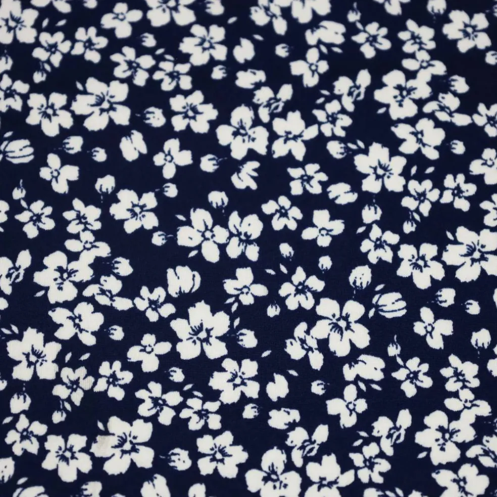 Fabric Merchants White Flowers on Navy Double Brushed Stretch Fabric