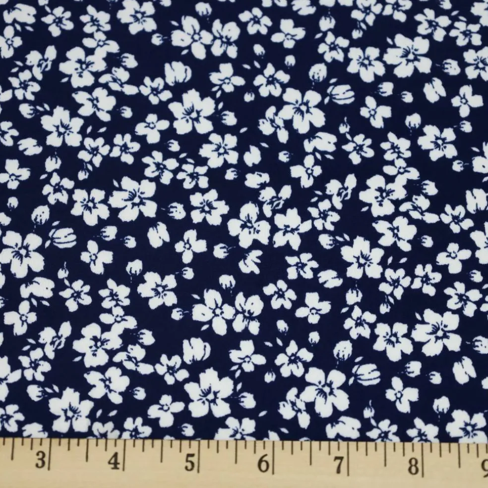 Fabric Merchants White Flowers on Navy Double Brushed Stretch Fabric