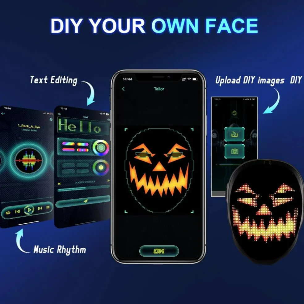Face Transforming LED Mask with App Controlled - Programmable LED Halloween Mask Digital Luminous Mask for Costume Cosplay