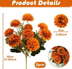 Fall Artificial Mums Flowers, 2PCS 18 Heads Silk Chrysanthemum Bouquet, Faux Orange Fall Flowers for Outdoor Planters, Front Porch, Patio, Indoor Table, Wedding & Autumn Home Decor