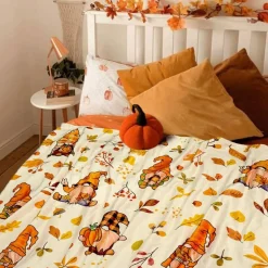 Fall Blanket – Cream Thanksgiving Fall Pumpkin Maple Leaf Gnome Blanket, Soft Flannel Cozy Throw for Sofa, Chair, or Bed (Autumn) 50x60 inches