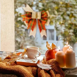 Fall Bows for Wreaths Orange Buffalo Plaid Burlap Bow for Thanksgiving Tree Topper, Home Indoor Outdoor Decorations (9.5 x 13 inch)