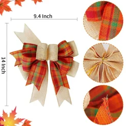 Fall Bows for Wreaths Orange Buffalo Plaid Burlap Bow for Thanksgiving Tree Topper, Home Indoor Outdoor Decorations (9.5 x 13 inch)