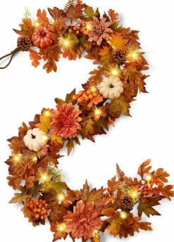 Fall Decorations for Home 6Ft Fall Garland with Lights, Pumpkin Maple Leaf Garland, Artificial Autumn Harvest Mantle Decor, 60 LED Thanksgiving Indoor Outdoor Seasonal Decoration