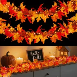 Fall Decorations for Home 9 FT Pre-lit Fall Garland with 50 LED Orange Lights, 6 Pumpkins, 8 Modes, Timer, Battery Operated Maple Leaves Garland for Fall Thanksgiving Mantel Door Fireplace Decor