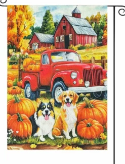 Fall Dog Garden Flag 12x18 Inch Double Sided Pumpkin Puppy Autumn Burlap Yard Banner, Farmhouse Thanksgiving Outdoor Porch Lawn Seasonal Home Decoration Flag