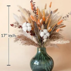 Fall Dried Flower Bouquet with Pampas Grass, Orange Bunny Tails & Cotton Stems – Boho Autumn Floral Arrangement for Vase, Mantel, Table Centerpiece, Farmhouse Fall Home Decor & Porch Decorations