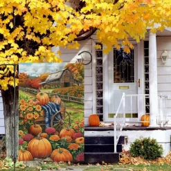 Fall Farmhouse Pumpkin Garden Flag 12x18 Inch Double Sided Burlap Autumn Thanksgiving Yard Banner, Outdoor Porch Lawn Seasonal Home Decoration Flag (Only Flag)