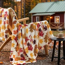 Fall Fleece Throw Blanket, 50 x 60 Inch Autumn Leaf Blanket for Couch, Soft Cozy Maple & Oak Leaf Blanket, Lightweight Fall Home Decor for Sofa Bed Bedroom Thanksgiving