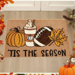 Fall Football Pumpkin Area Rug – 48x30 Inch Non-Slip Autumn Bath & Entryway Mat, Plush Thanksgiving Floor Mat for Bathroom, Kitchen, Front Door & Home Seasonal Decor