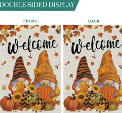 Fall Garden Flag Gnomes – Autumn Pumpkins, Maple Leaves & Sunflowers, Double-Sided Burlap Yard Flag, 12.5 x 18 Inches, Rustic Thanksgiving Outdoor Decoration