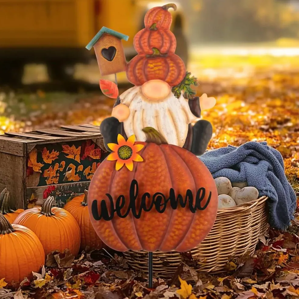 16" Fall Gnome Metal Pumpkin Yard Stakes