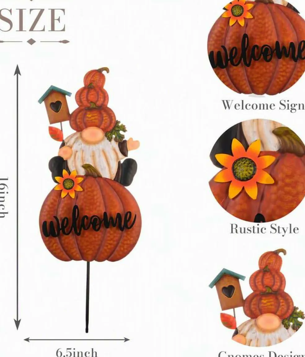 16" Fall Gnome Metal Pumpkin Yard Stakes