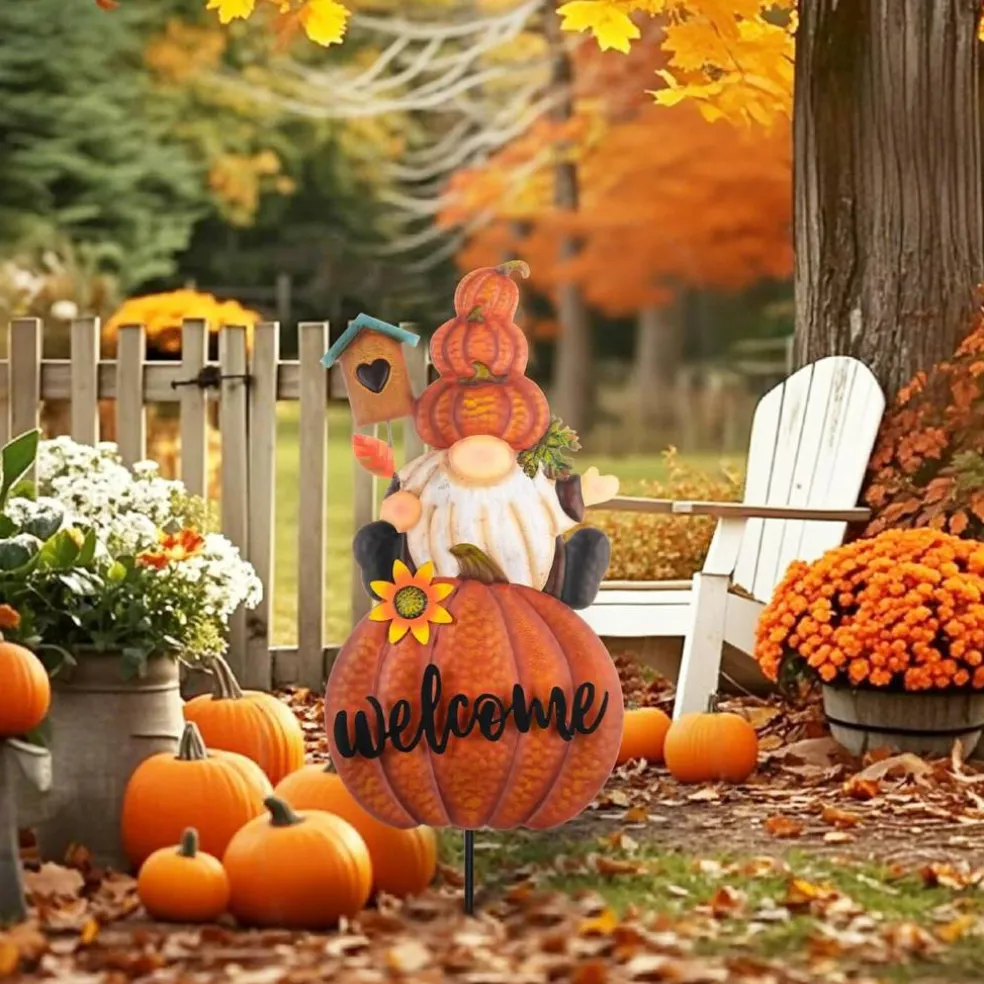 16" Fall Gnome Metal Pumpkin Yard Stakes