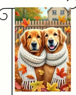 Fall Golden Retriever Garden Flag 12 x 18 Inch, Double-Sided Autumn Dog Yard Flag with Scarf Design, Polyester Thanksgiving Decor for Porch, Lawn, Patio, Garden and Dog Lovers