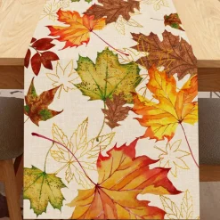 Fall Maple Leaves Table Runner, Thanksgiving Watercolor Plant Yellow Leaf Home Kitchen Decor, Autumn Harvest Seasonal Colorful Botanical Farmhouse Burlap Dining Decoration Party Supply 13 x 72