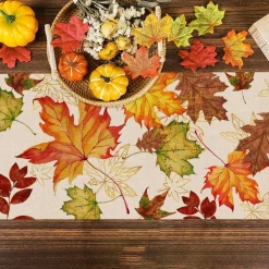 Fall Maple Leaves Table Runner, Thanksgiving Watercolor Plant Yellow Leaf Home Kitchen Decor, Autumn Harvest Seasonal Colorful Botanical Farmhouse Burlap Dining Decoration Party Supply 13 x 72