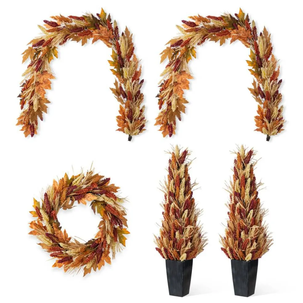 Fall Multi-Colored Sorghum Porch Tree/Garland/Teardrop Set