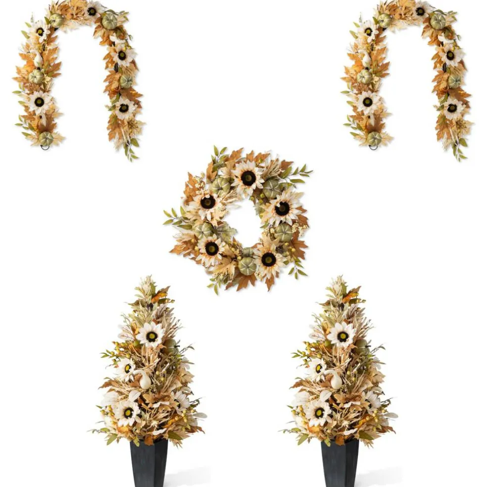 Fall Neutral Sunflower Pumpkin and Leaf Garlands/Porch Trees/Teardrops Set