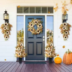 Fall Neutral Sunflower Pumpkin and Leaf Garlands/Porch Trees/Teardrops Set