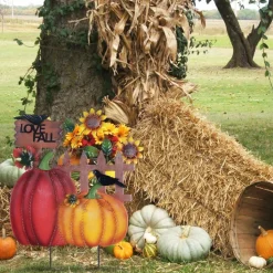 Fall Outdoor Decorations, 25.2 Inch Metal Pumpkin Garden Stakes with Sunflower Fence, Crows & “I Love Fall” Sign, Rustic Autumn Yard Art for Lawn, Garden, Porch, Patio & Thanksgiving Decor