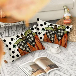 Fall Pillow Covers 12x20 Inch, Orange Pumpkin Polka Dot Thanksgiving Lumbar Cushion Cover, Autumn Home Decor Pillowcase for Sofa Couch Porch Outdoor Decoration