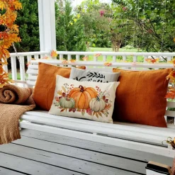 Fall Pillow Covers 12x20 Inch Pumpkin Thanksgiving Lumbar Pillow Cover | Autumn Maple Leaf Decorative Cushion Cover for Couch Sofa Bed Patio Porch, Polyester Linen, No Insert, 1 Pack