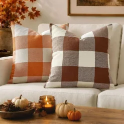 Fall Plaid Pillow Covers 18x18 Orange and White Pack of 2