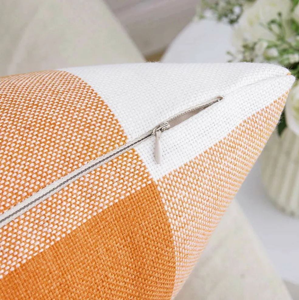 Fall Plaid Pillow Covers 18x18 Orange and White Pack of 2